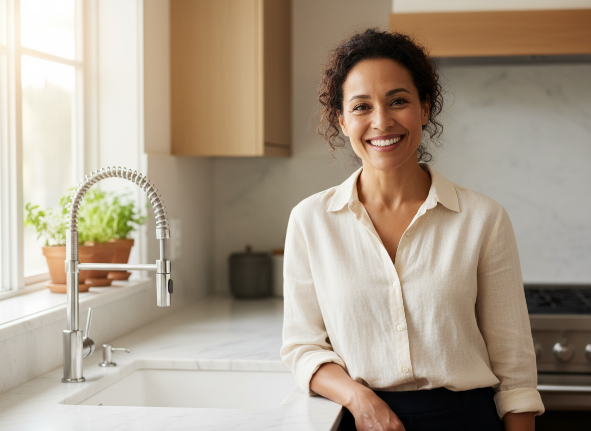 Professional plumber working on pipe repair in a modern bathroom